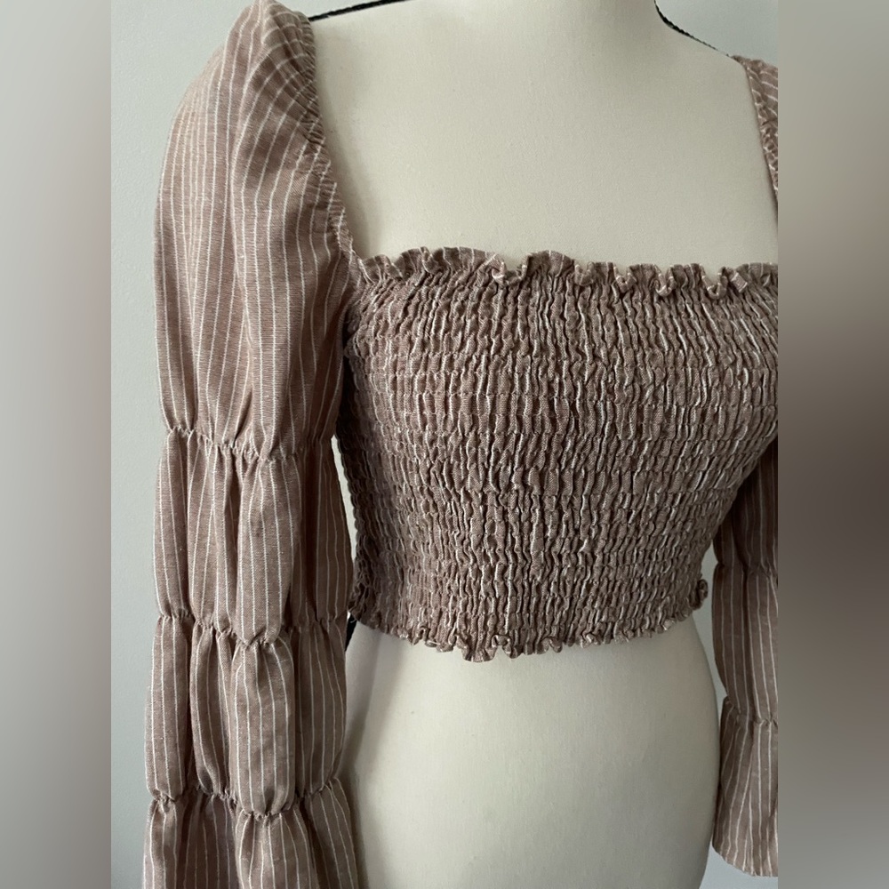 Étophe Studios dark tan / white pin stripe crop blouse MEDIUM